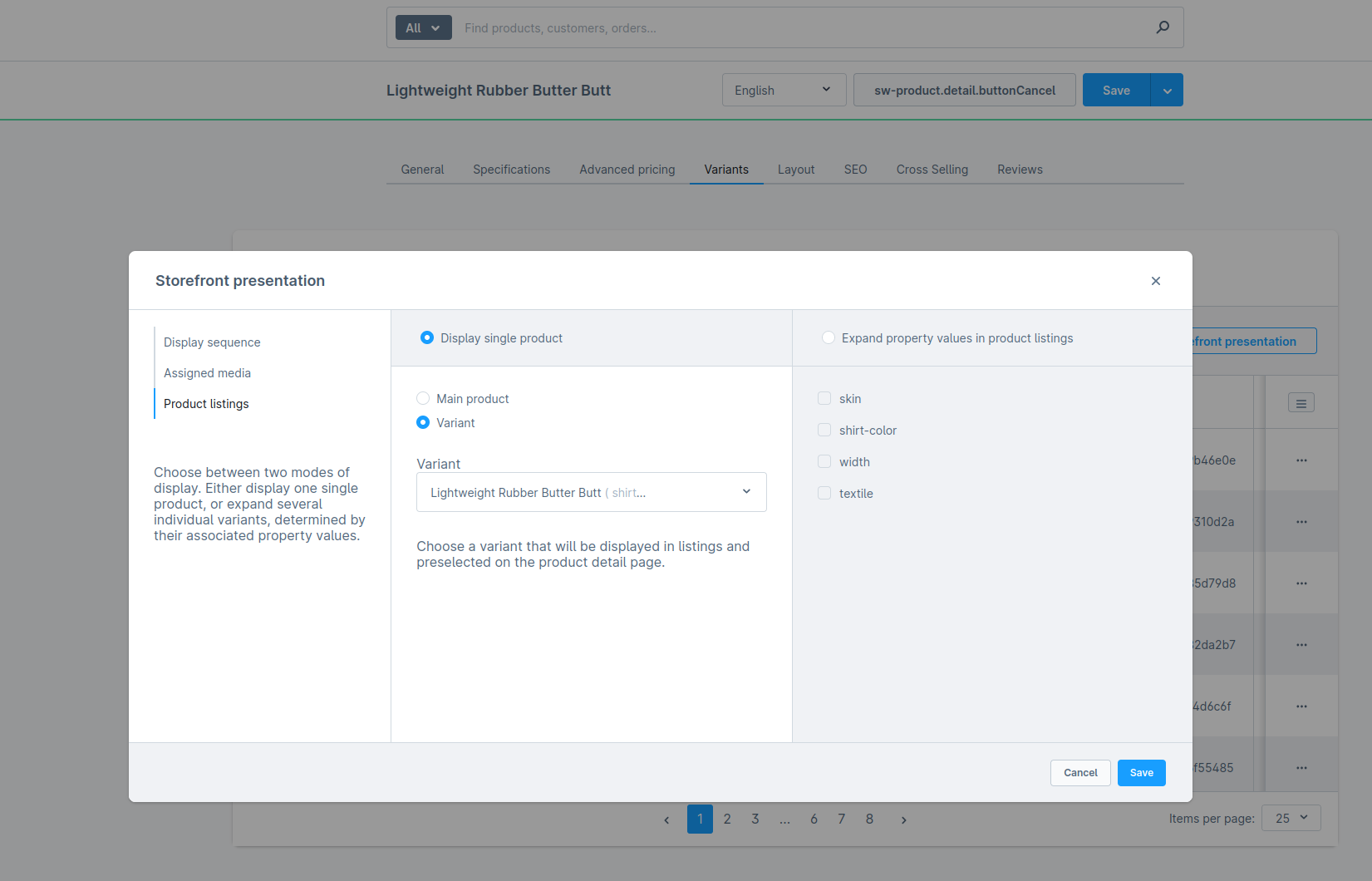 Screen from Admin config for Variants presentation with single variant product selected